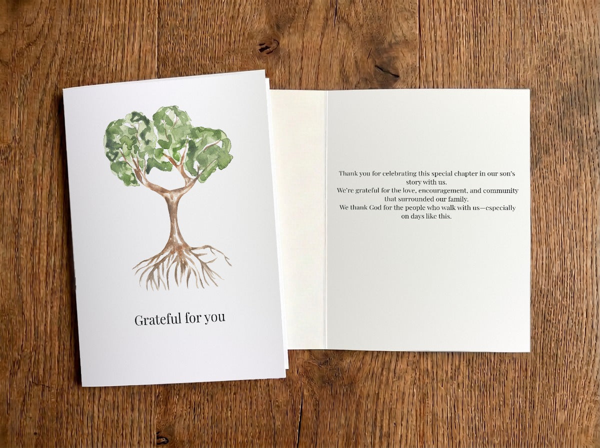 Grateful for You – Adoption Thank You Card (Son, Faith) – front and inside of card