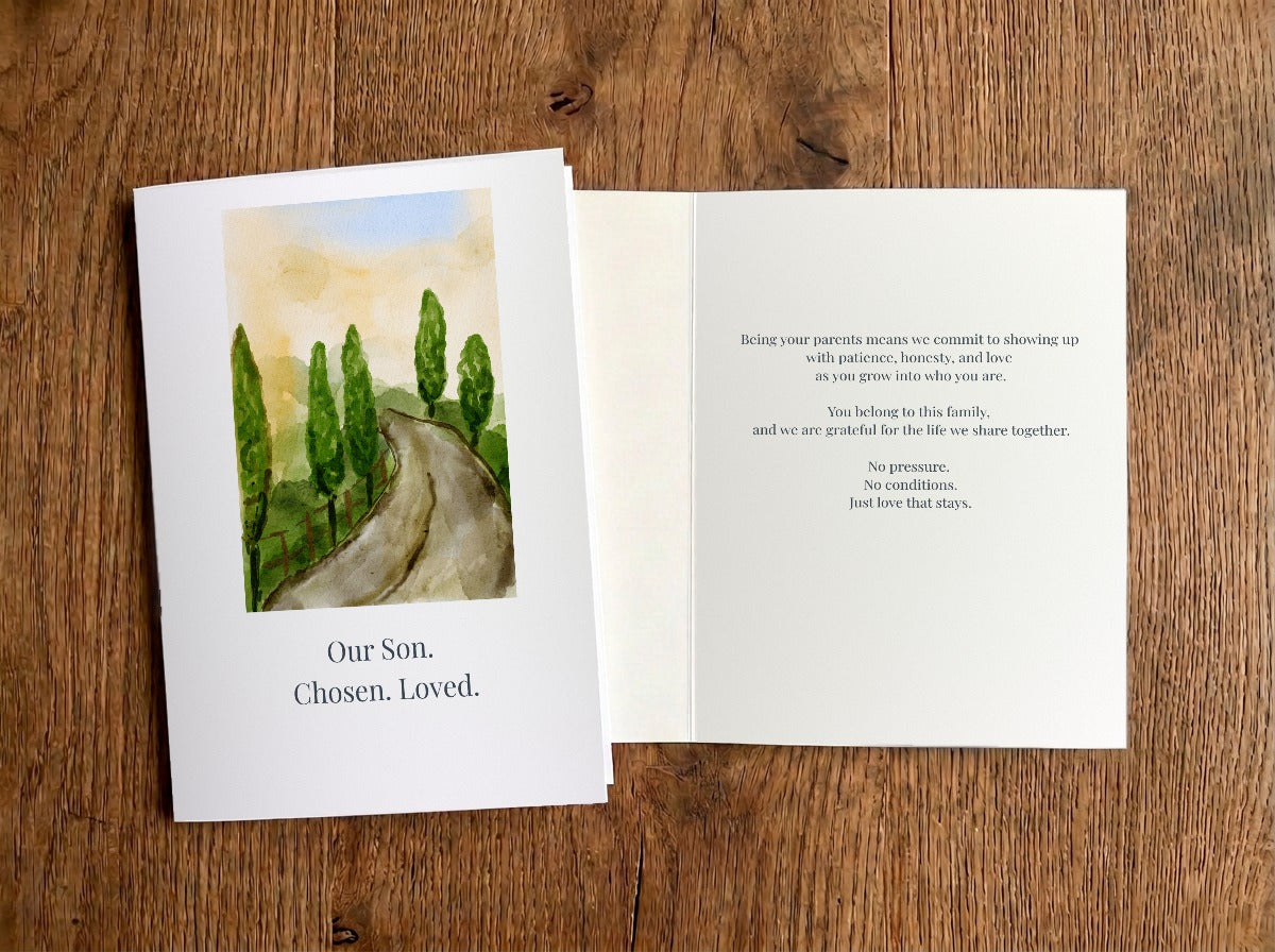 Our Son. Chosen. Loved. – Parents to Teen Adoption Card – front and inside of card