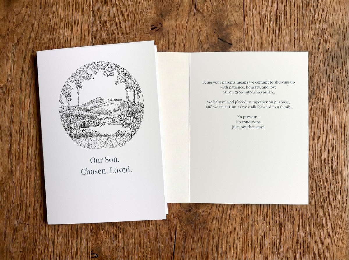 Our Son. Chosen. Loved. – Parents to Teen Adoption Card (Faith) – front and inside of card
