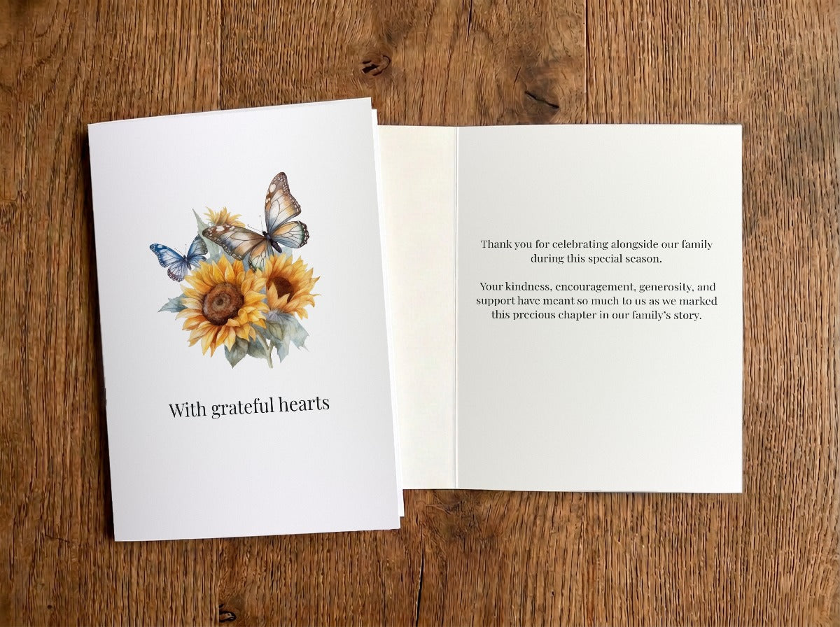 With Grateful Hearts – Adoption Thank You Card – front and inside of card