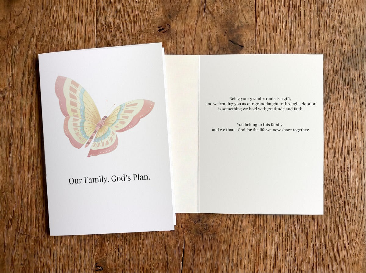 Our Family. God’s Plan. – Grandparents to Granddaughter Adoption Card (Faith) – front and inside of card