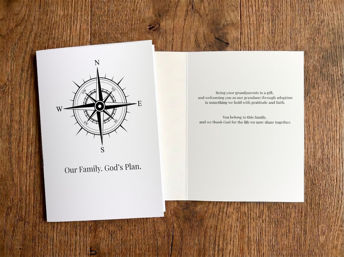 Our Family. God’s Plan. – Grandparents to Grandson Adoption Card (Faith) – front and inside of card